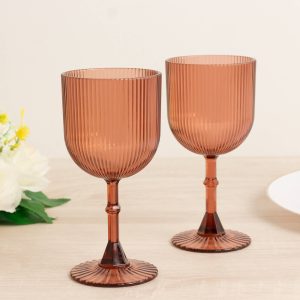 12-Pack Dusty Rose Plastic Wine Glasses 9oz, Vintage Ribbed Pattern - Transparent Reusable Shatterproof Goblets