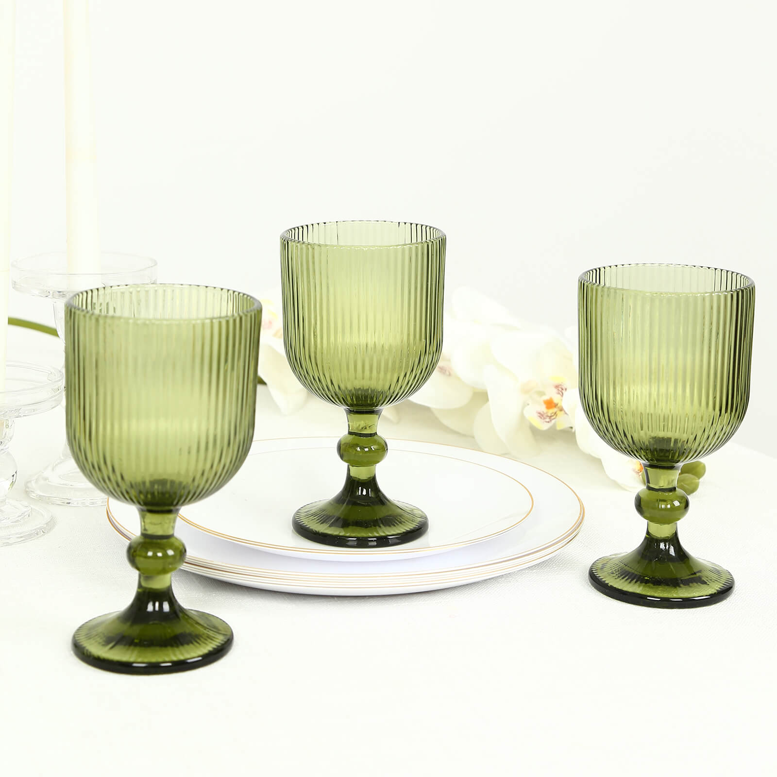 6 Pack Vintage Ribbed Wine Glasses – 13oz Dusty Sage Green Glass Goblets with Ball Stem Accent